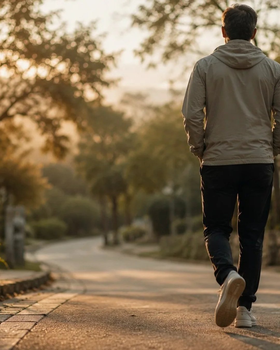 Pessoa caminhando ao ar livre no início da manhã, de costas, em luz difusa